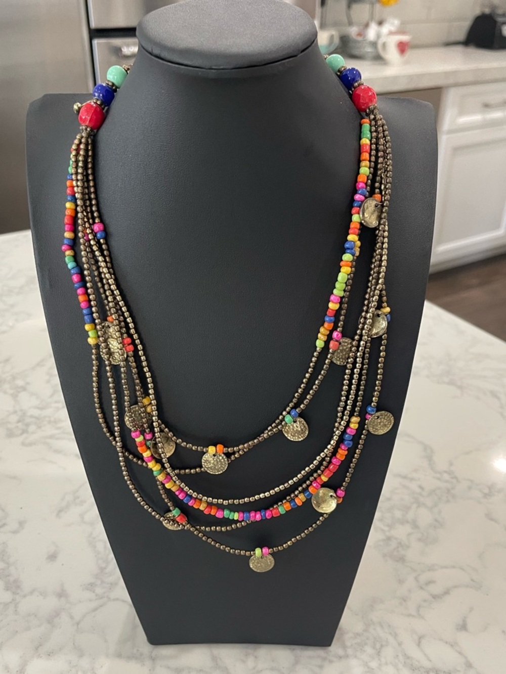 Multistrand Colorful Beaded Coin Necklace - Gold and Multicolor